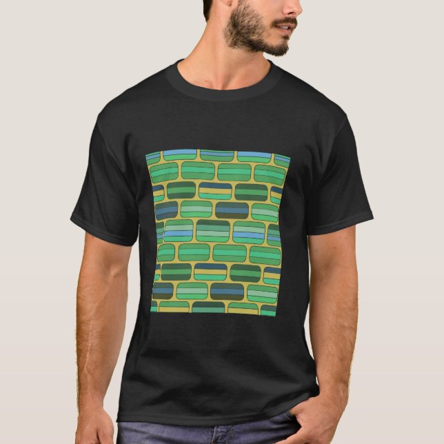 1970'S RETRO GREEN BLUE RECTANGLE BRICK GEOMETRIC  T-Shirt (Front)