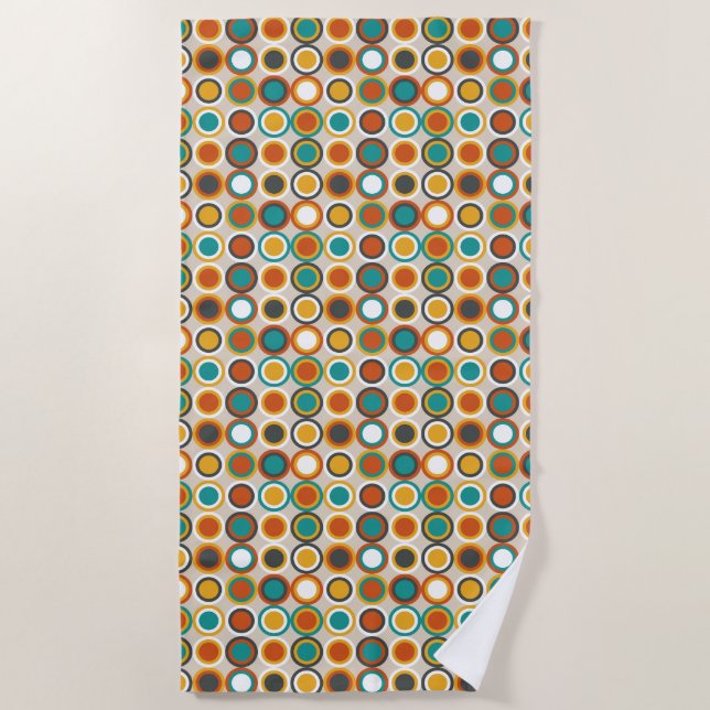 1970s Retro Orange Brown Teal Circles Pattern Beach Towel (Front)