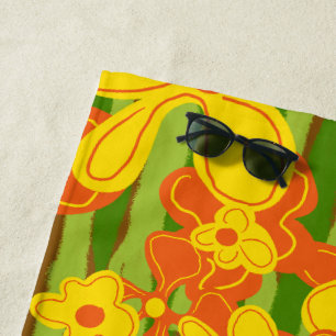 1970s Retro Orange Yellow  Flowers Beach Towel