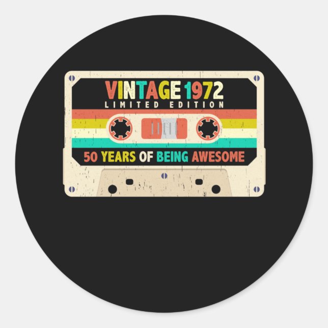 1972 Retro Cassette 50th Birthday 50 Years Old Classic Round Sticker (Front)