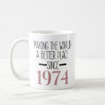 1974 Birthday 50th Years Old Gifts Women Mug<br><div class="desc">50 YEAR OLD GIFTS: This 50th birthday mug for women and men is perfect bday gifts for whom is turning 50 years old if you are looking for 50th birthday gifts for women and men 1974 BIRTHDAY GIFTS FOR WOMEN MEN: Making the world a better place since 1974 mug with...</div>