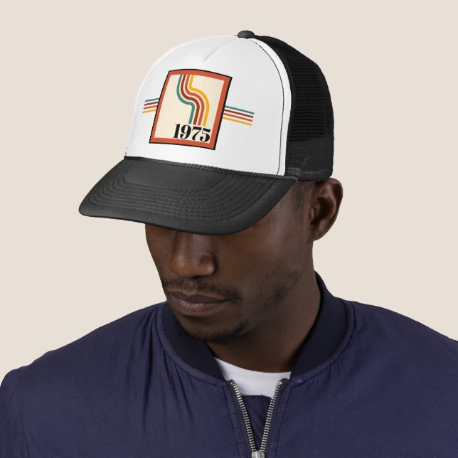 1975 Retro Stripe Vintage Orange Trucker Hat (In Situ)