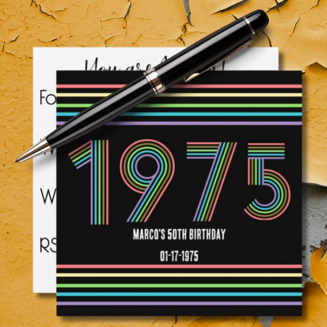 1975 Retro Vintage Rainbow  50th Birthday  Black Invitation (Creator Uploaded)