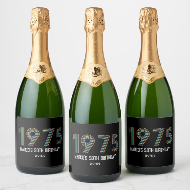 1975 Retro Vintage Rainbow Numeral 50th Birthday Sparkling Wine Label (Bottles)