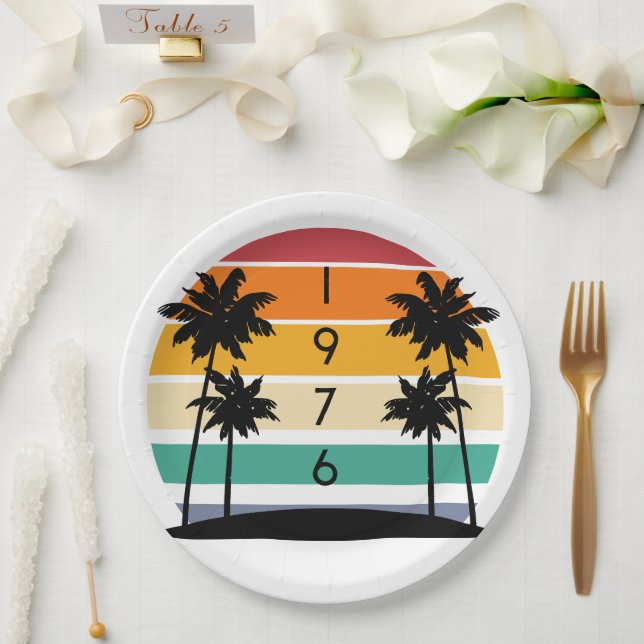 1976 Retro Stripe Sunset Vintage  Paper Plate (Wedding)