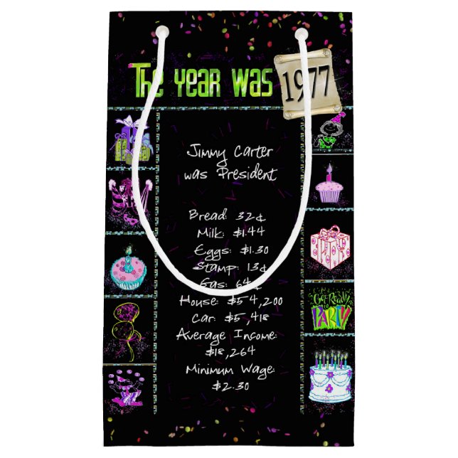 1977 Birth Year Trivia on Black Small Gift Bag (Front)