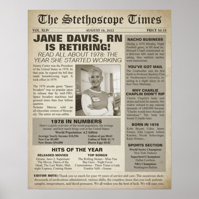 1978 Stethoscope Times for Nurse Retirement Party  Poster (Front)