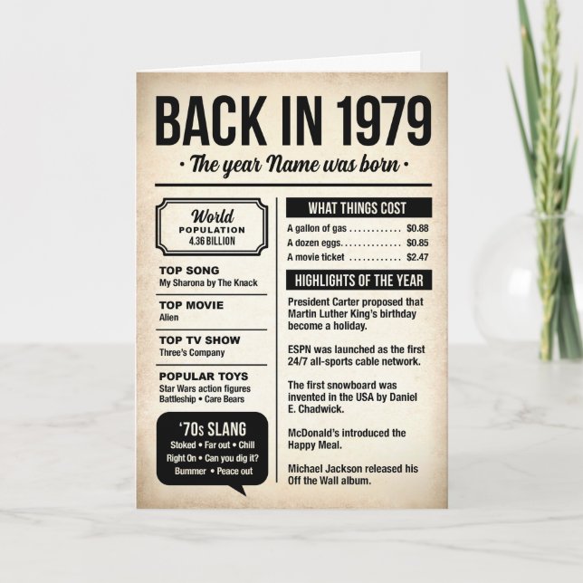 1979 Back in the Day, Fun Facts Birthday Card (Front)