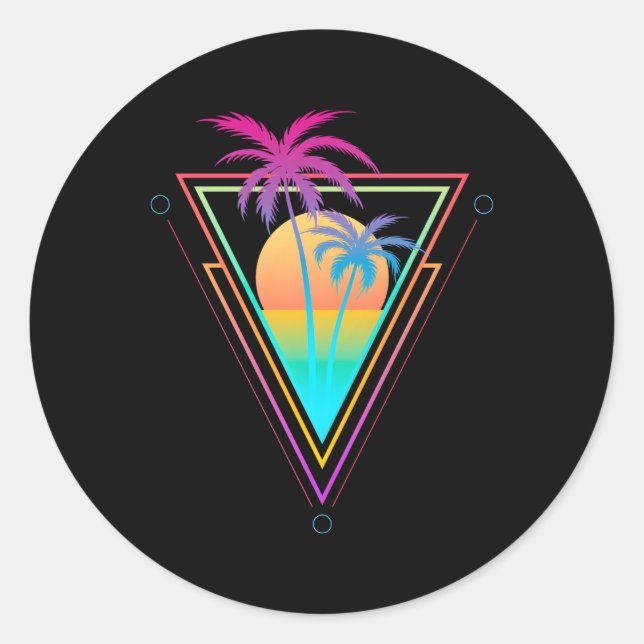 1980S 1990S Vaporwave Palm Trees Beach Surf Classic Round Sticker (Front)
