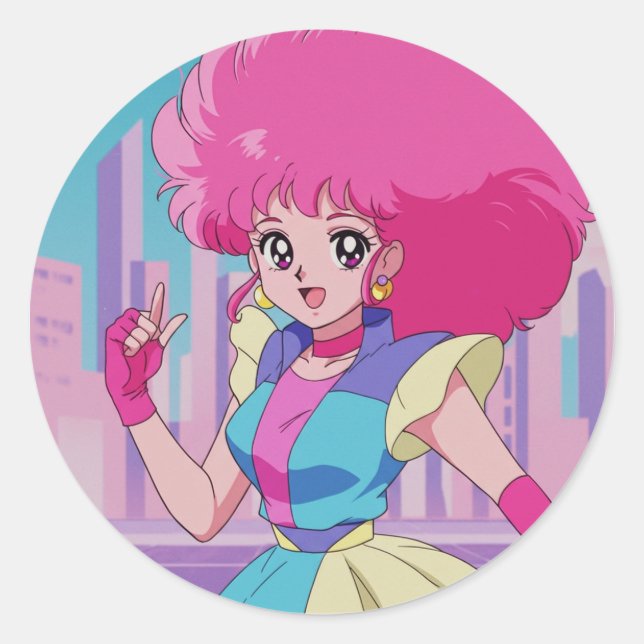 1980s anime-style characters classic round sticker (Front)
