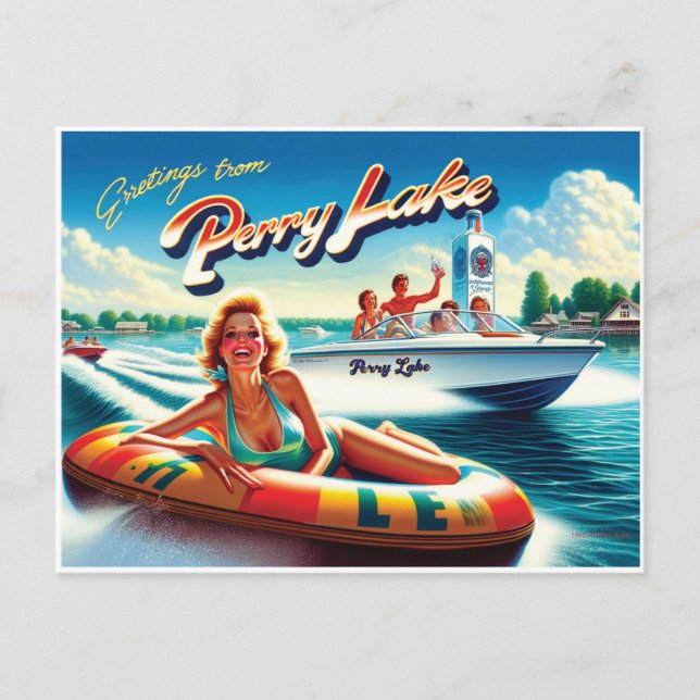 1980's Girl on Tube And Speedboat Postcard (Front)