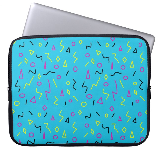 1980s Memphis Style Bright Blue Pink Neon Yellow Laptop Sleeve (Front)
