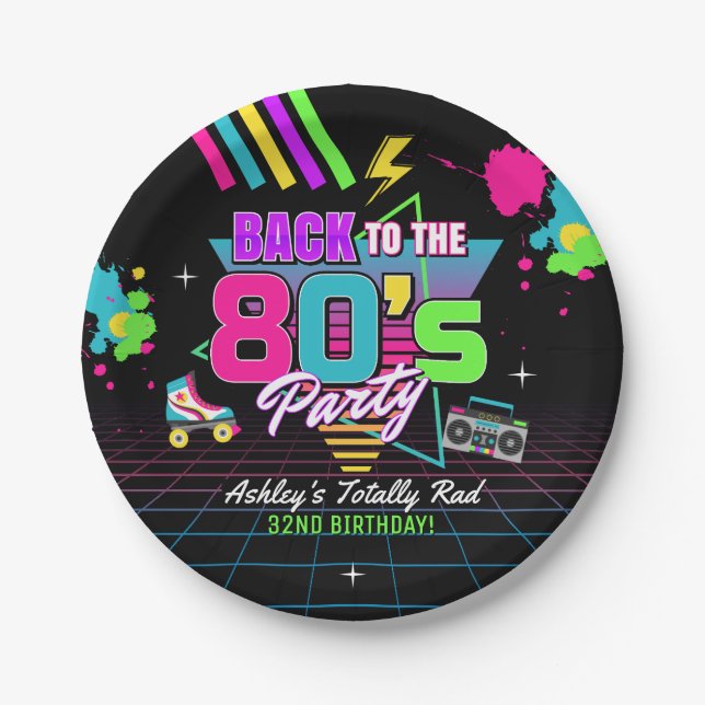 1980s Neon Retro Birthday Paper Plates (Front)