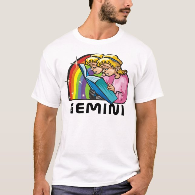 1980s Rainbow with Gemini Twins Reading Book T-Shirt (Front)
