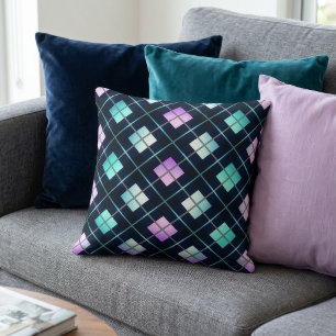 1980s Retro Style Sci-Fi Black, Blue & Pink Argyle Throw Pillow