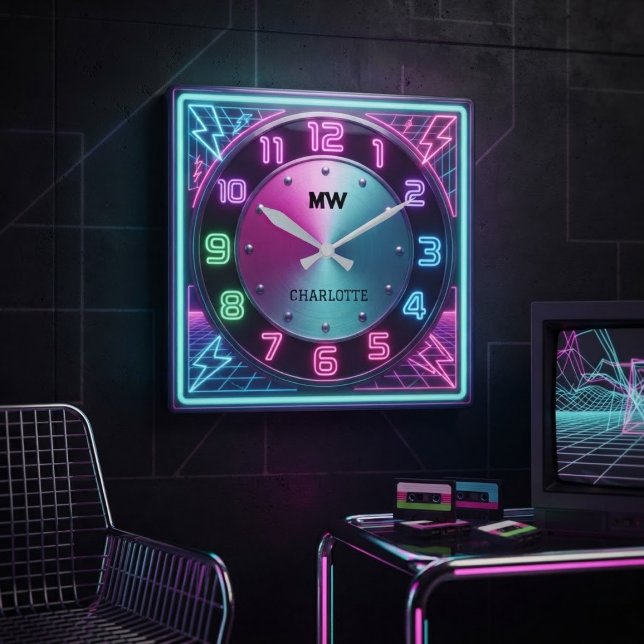 1980s Synthwave Neon Retro-Futuristic Lightning  Square Wall Clock (Creator Uploaded)