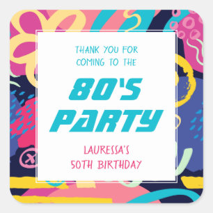 1980s Theme Bright Doodles Retro Birthday Party Square Sticker