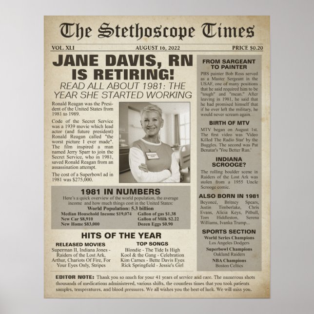 1981 Stethoscope Times for Nurse Retirement Party Poster (Front)