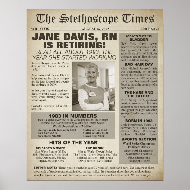 1983 Stethoscope Times for Nurse Retirement Party  Poster (Front)