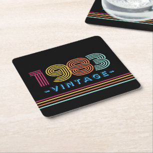 1983 Vintage Retro Stripe Neon Bright Square Paper Coaster