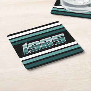 1985 Retro Stripe Teal  Square Paper Coaster