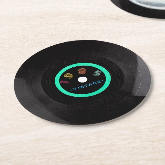 1985 Vintage Retro Stripe Neon Vinyl Record Round Paper Coaster (Angled)