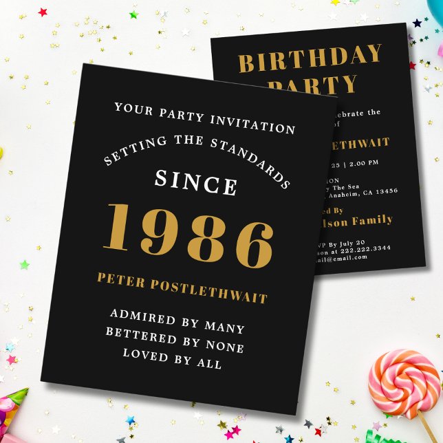 1986 Budget 40th Birthday Invitation Black Gold Flyer (1986 budget birthday invitation. White background.)