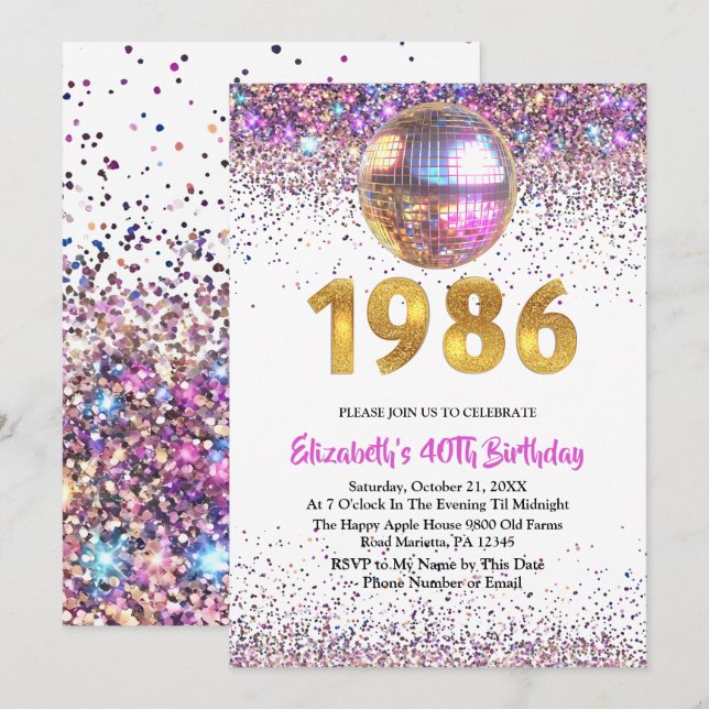 1986 Trendy Glitter Disco 40th Birthday Invitation (Front/Back)