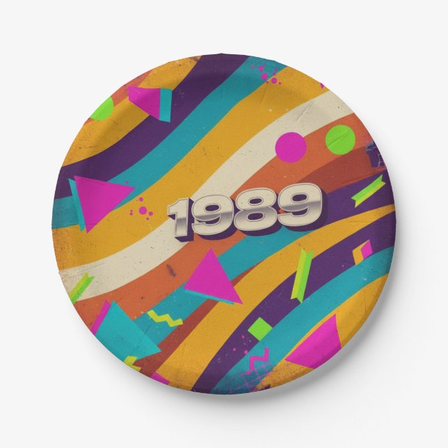 1989 - Retro Vintage 80s Neon Geometric - Paper Plate (Front)