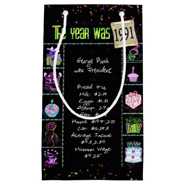 1991 Birth Year Trivia on Black Small Gift Bag (Front)