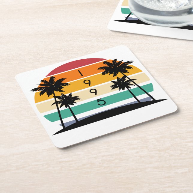 1995 Retro Stripe Sunset Vintage  Square Paper Coaster (Angled)