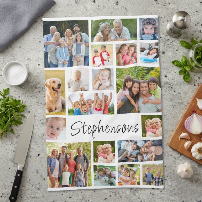 19 Photo Collage Modern Script Name Kitchen Towel (Creator Uploaded)