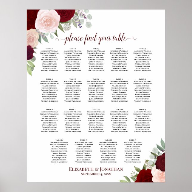 19 Table Burgundy Red & Blush Floral Seating Chart (Front)