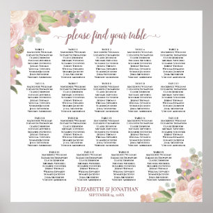 19 Table Elegant Pink Floral Wedding Seating Chart