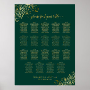 19 Table Emerald Green Gold Wedding Seating Chart