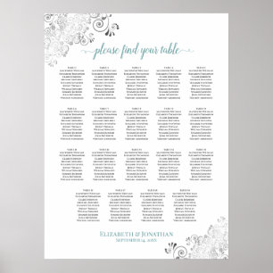 19 Table Frilly Wedding Seating Chart White & Teal