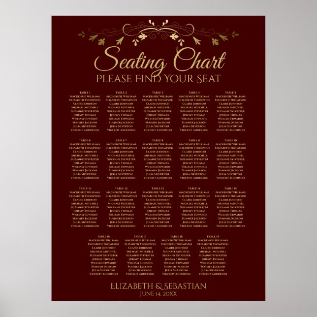 19 Table Gold & Burgundy Wedding Seating Chart (Front)