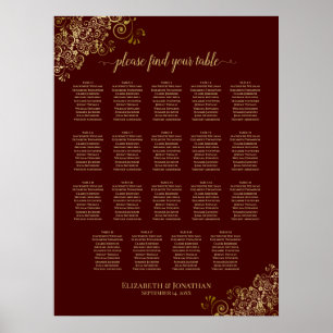 19 Table Lacy Gold & Auburn Wedding Seating Chart