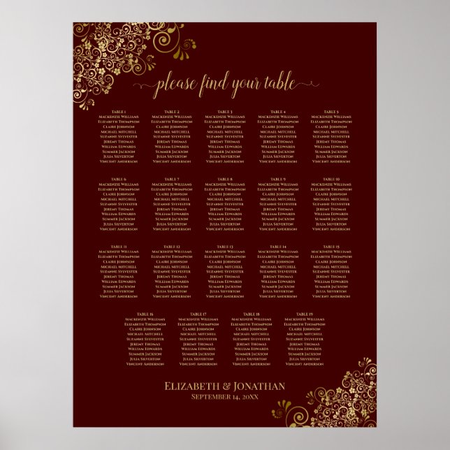 19 Table Lacy Gold & Auburn Wedding Seating Chart (Front)