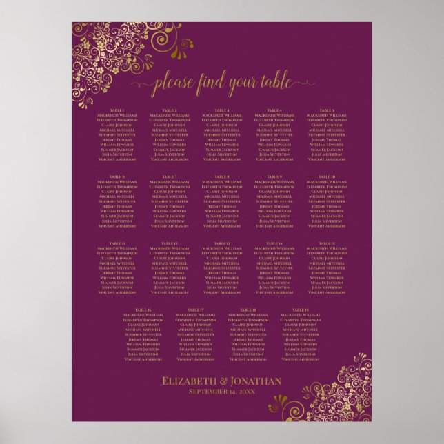19 Table Magenta Plum & Gold Wedding Seating Chart (Front)