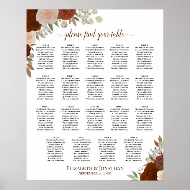 19 Table Orange Fall Floral Wedding Seating Chart (Front)