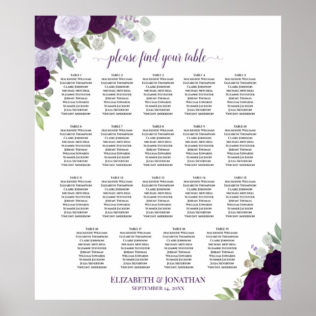 19 Table Purple Floral Chic Wedding Seating Chart (Front)