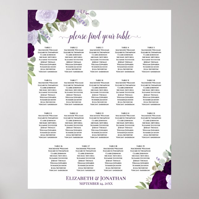 19 Table Purple Floral Chic Wedding Seating Chart (Front)