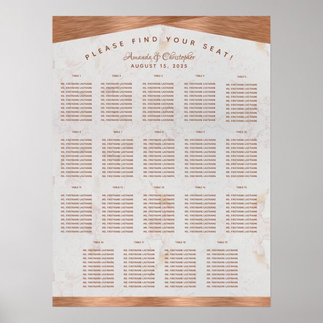 19 Table Seating Chart Wedding Marble Copper (Front)