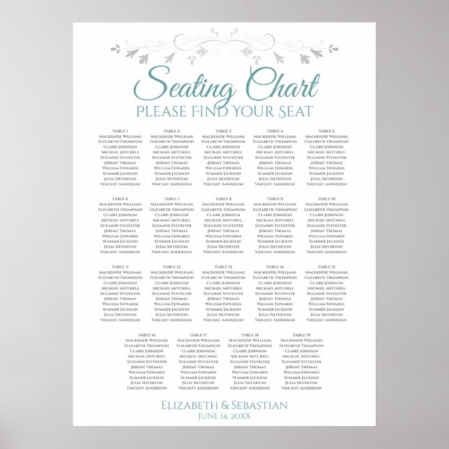 19 Table Teal & Grey Wedding Seating Chart (Front)