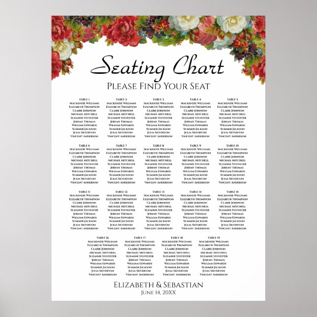 19 Table Vintage Fall Floral Wedding Seating Chart (Front)