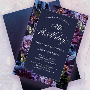 19e anniversaire Moody Purple Flower Invitation