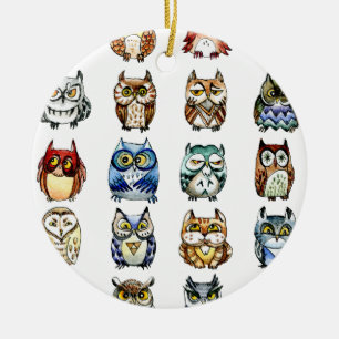 19Owls and 1Cat Ceramic Ornament