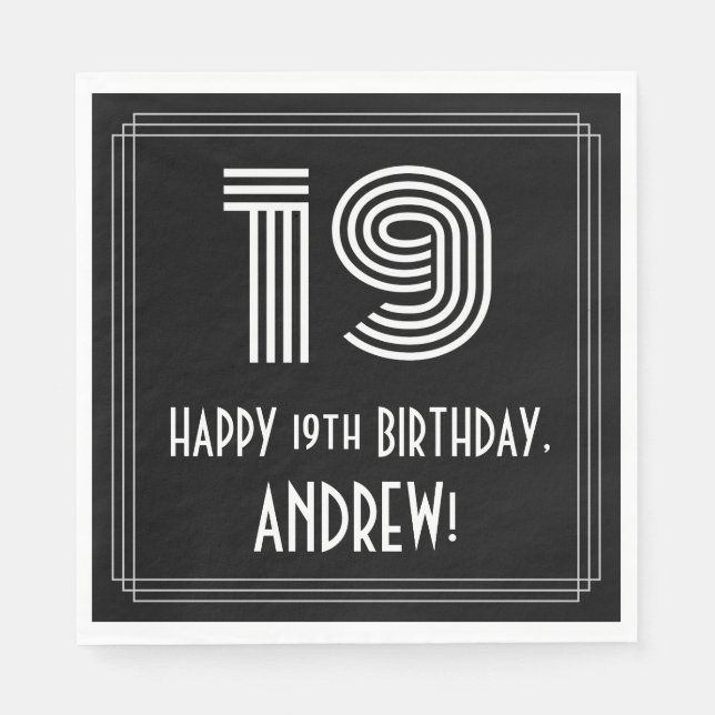 19th Birthday: Art Deco Inspired Look "19" + Name Napkin (Front)