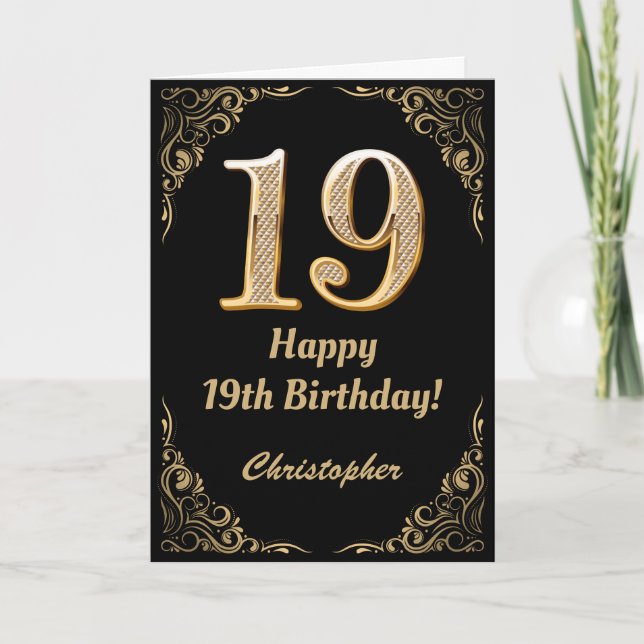 19th Birthday Black and Gold Glitter Frame Card (Front)